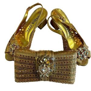 Nadia Ferri women's 2.5 inch heels Shoe & Bag set, made in Italy. Gold Size 39